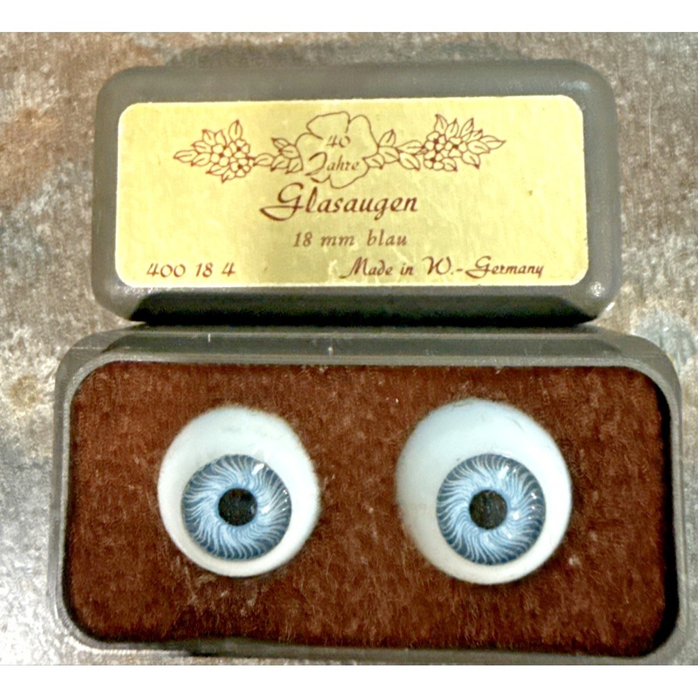 Vintage German Glass Doll Eyes 18mm Blue Glassaugen Pair VEB Lauscha DDR Germany